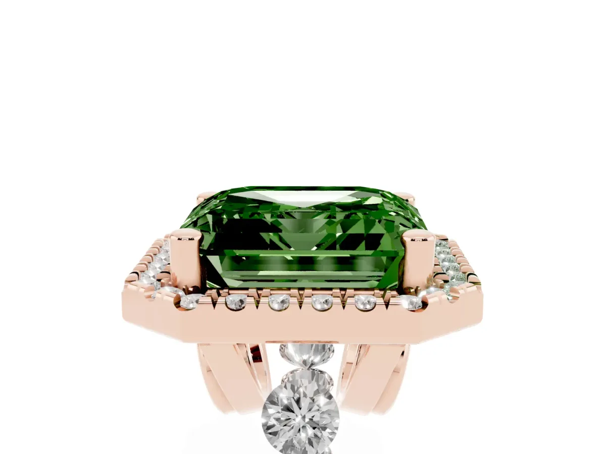 Fancy Green Asscher Cut Halo Pavé Diamond Engagement Ring with Four-Prong Setting Rose gold