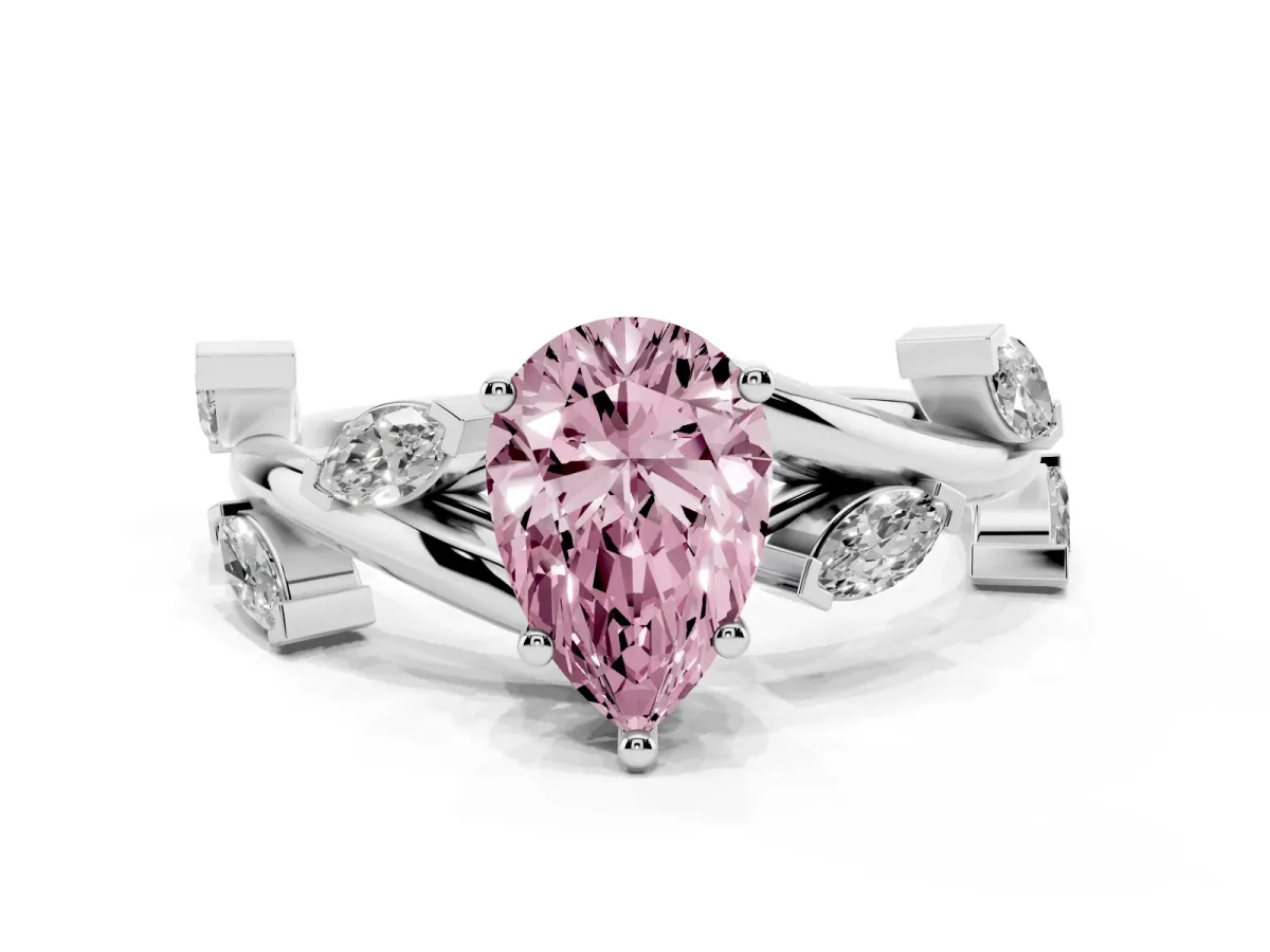Fancy Pink Pear Cut Solitaire Twisted Band Marquise Accent Prong Setting Ring Silver