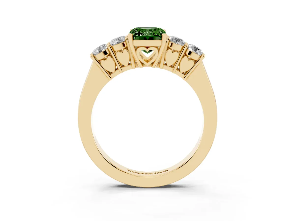Fancy Green Emerald Cut Cut Diamond Five-Stone Prong Set White Gold Ring Yellow gold