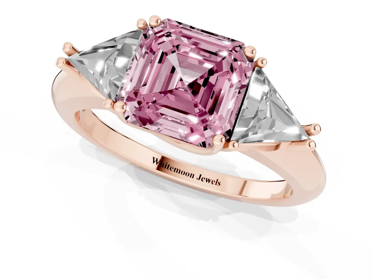 Fancy Pink Three-Stone Asscher Cut Diamond Engagement Ring with Trillion Side Stones and Prong Setting Rose gold
