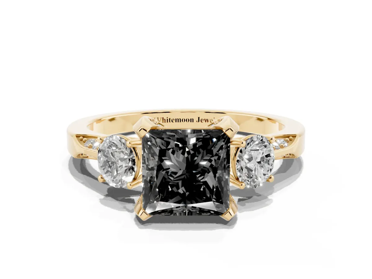 Fancy Black Princess Cut Brilliant Three-Stone Diamond Ring with Pavé Band and Four-Prong Setting Yellow gold
