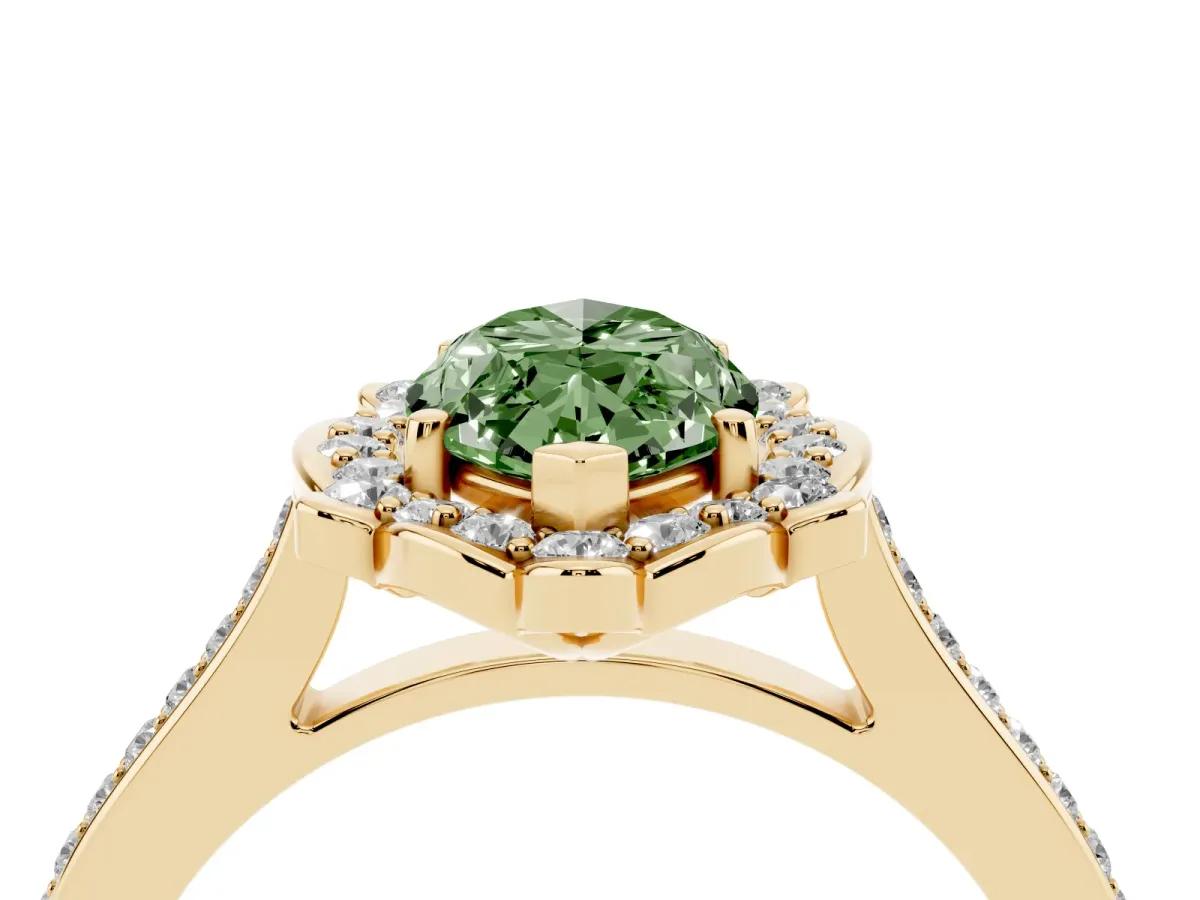 Fancy Green Marquise Cut Halo Round Diamond Pave Band with Four-Prong Setting Yellow gold