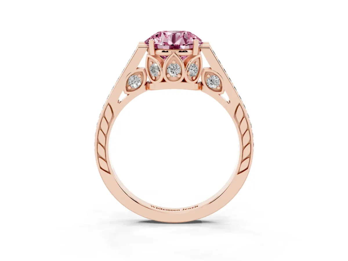 Fancy Pink Round Cut Cut Cathedral Pave Diamond Engagement Ring with Six-Prong Setting Rose gold