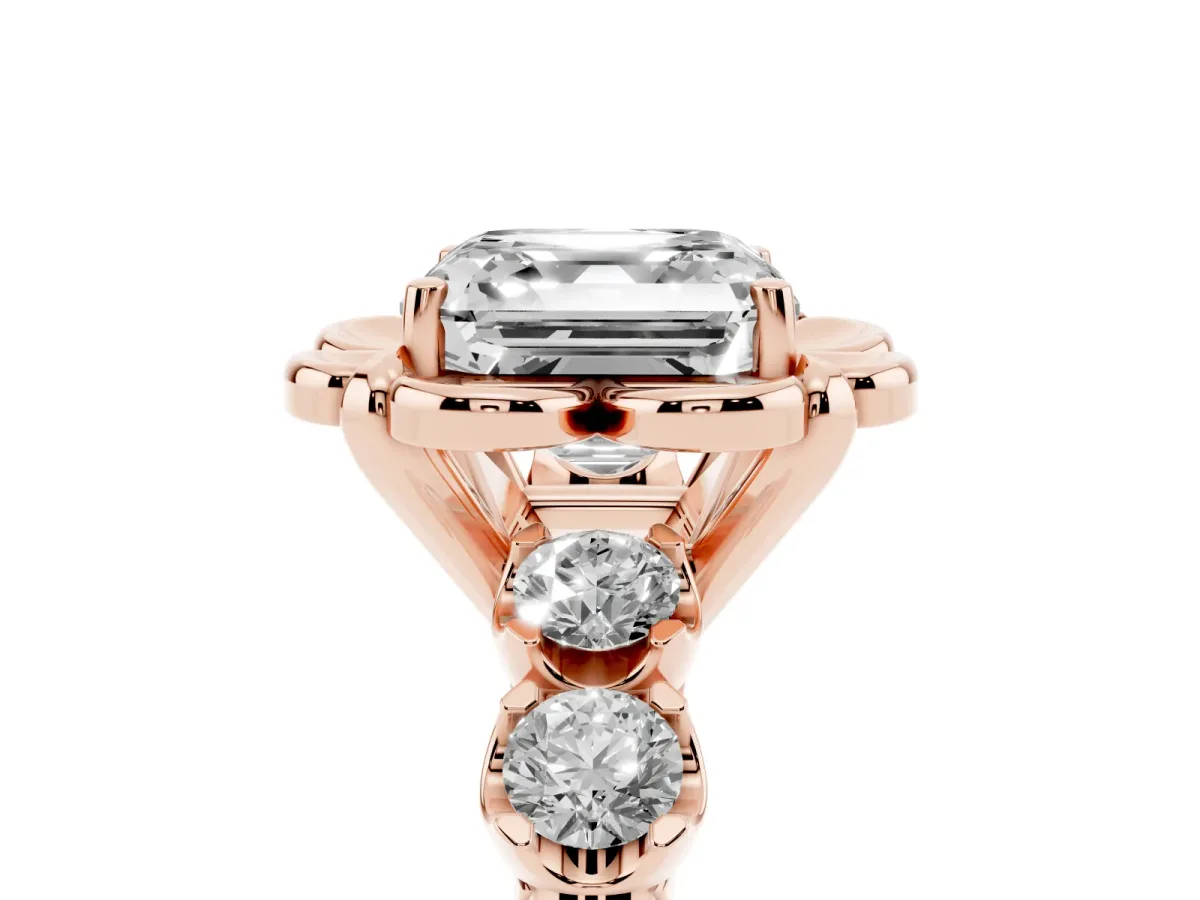 Asscher Cut Cut Diamond Floral Halo Engagement Ring with Shared Prong Setting Rose gold