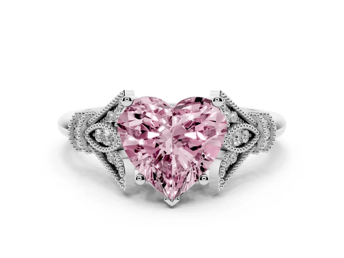 Fancy Pink Heart Cut Diamond Solitaire Ring with Floral Filigree and Pave Accents Platinum