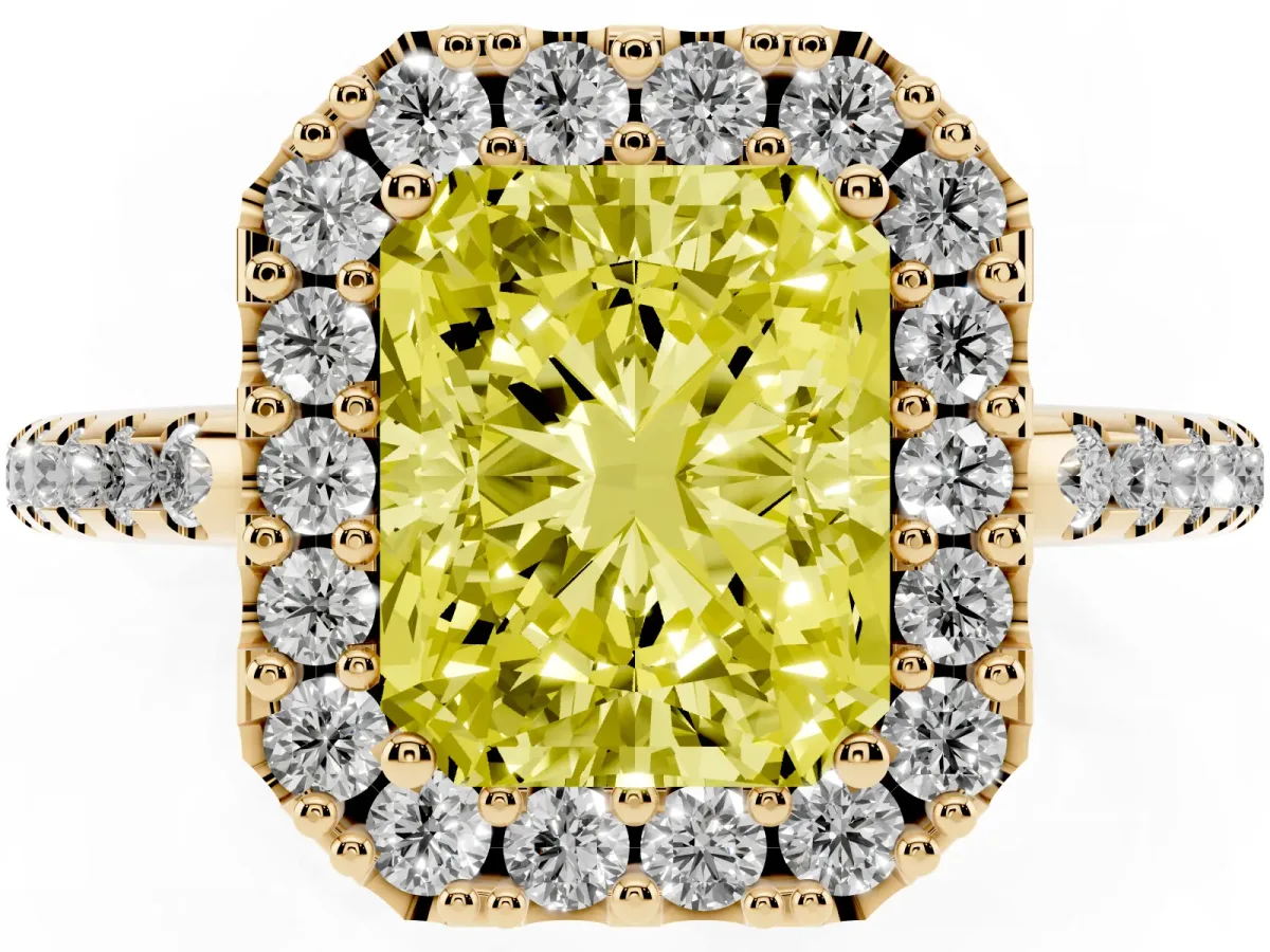 Fancy Yellow Radiant Cut Diamond Pavé Halo Ring with Four-Prong Setting Yellow gold