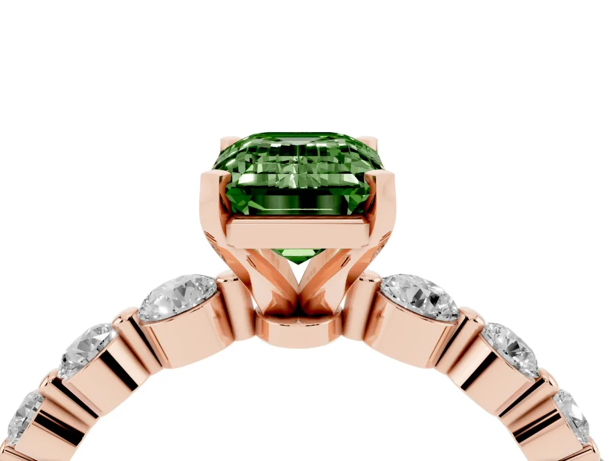 Fancy Green Emerald Cut Solitaire Diamond Ring with Pave Band and Four-Prong Setting Rose gold