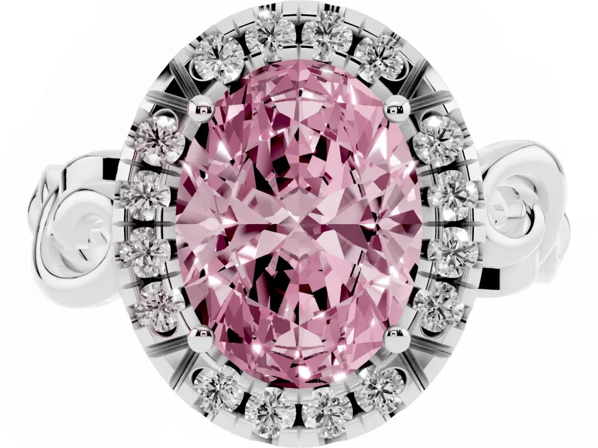 Fancy Pink Oval Cut Cut Halo Diamond Ring with Scrollwork Band and Four-Prong Setting Platinum