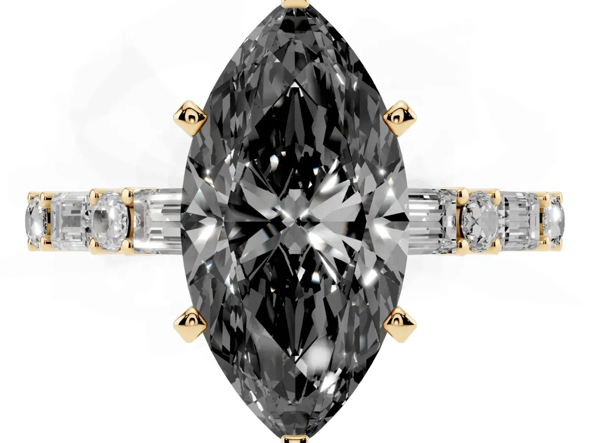 Fancy Black Marquise Cut Diamond Solitaire with Side Baguettes and Channel Set Band Yellow gold