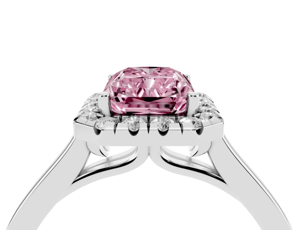 Fancy Pink Radiant Cut Halo Round Diamond Solitaire Ring with Pavé Band and Four-Prong Setting Silver