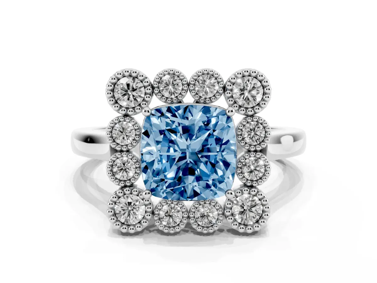 Fancy Blue Cushion Cut Halo Diamond Cluster Engagement Ring with Milgrain Bezel Setting and Solitaire Band White gold