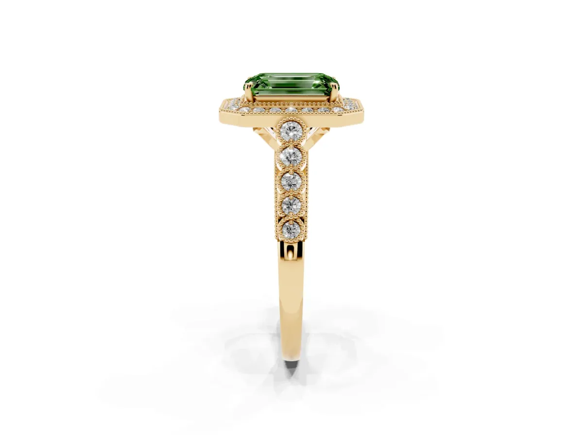 Fancy Green Emerald Cut Halo Milgrain Solitaire with Bezel Set Side Stones and Pave Band Yellow gold