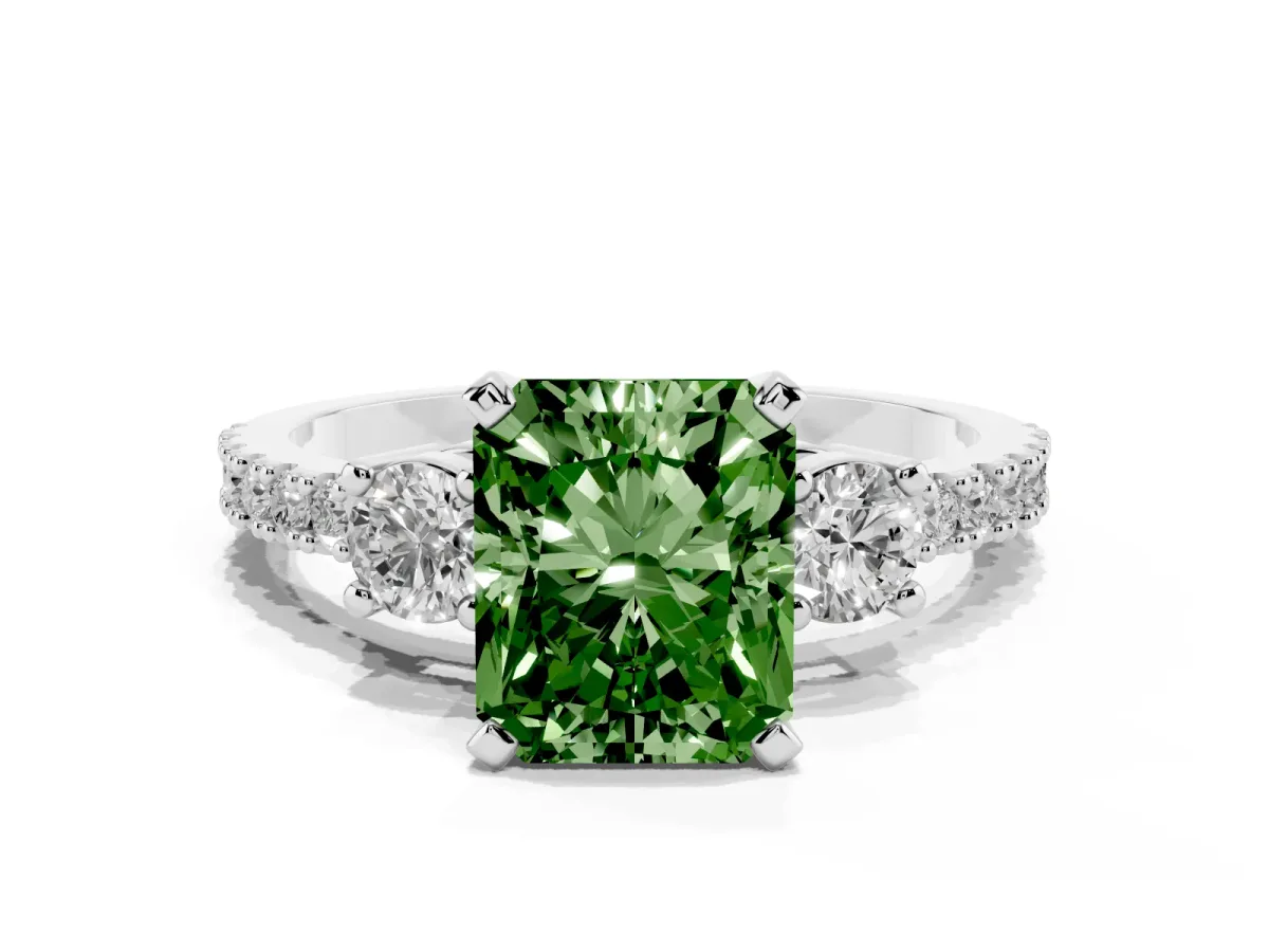 Fancy Green Radiant Cut Three-Stone Diamond Pavé Band with Prong Setting White gold