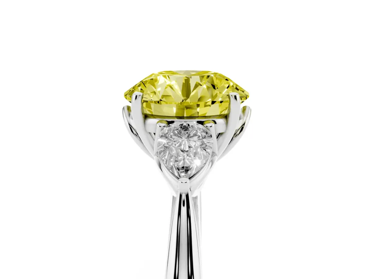 Fancy Yellow Round Cut Diamond Three-Stone Ring with Pear Side Stones and Prong Setting Silver