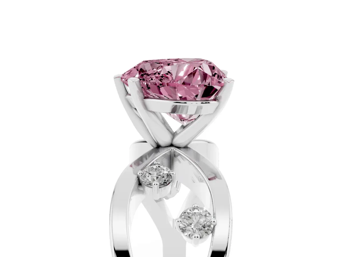 Fancy Pink Heart Cut Cut Solitaire Diamond with Side Stones on Criss-Cross Band and Four-Prong Setting Silver