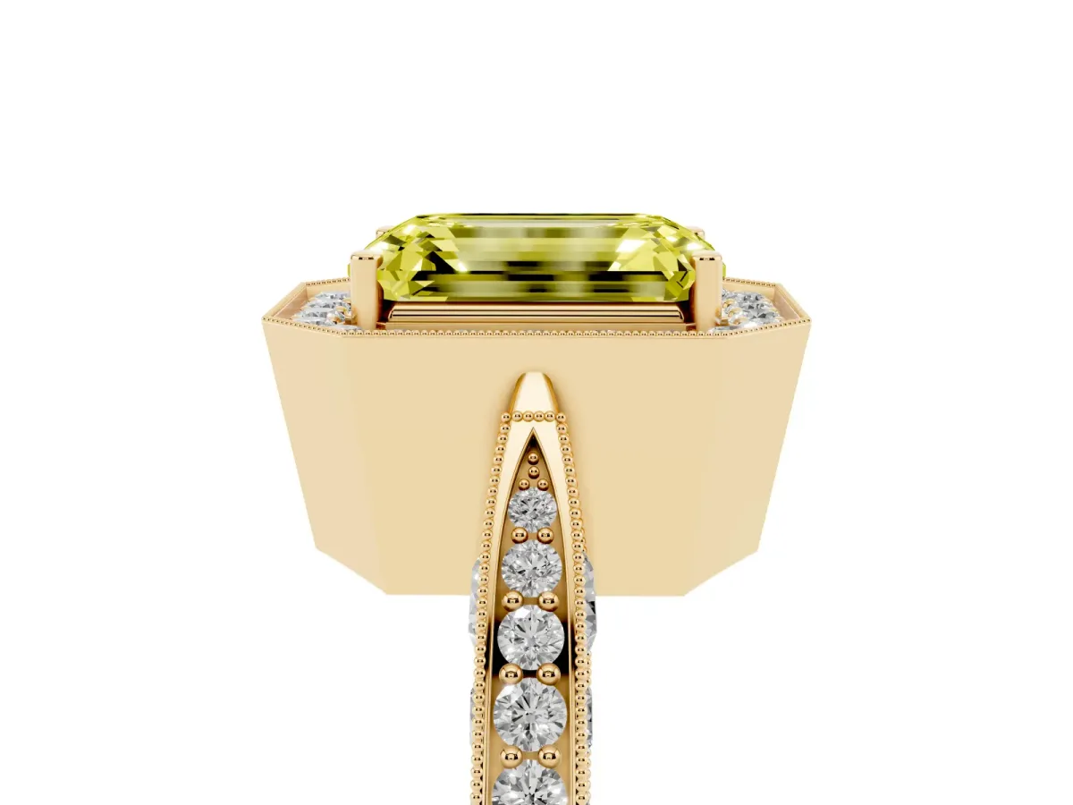 Fancy Yellow Emerald Cut Halo Diamond Engagement Ring with Split Shank Band and Four-Prong Setting Yellow gold
