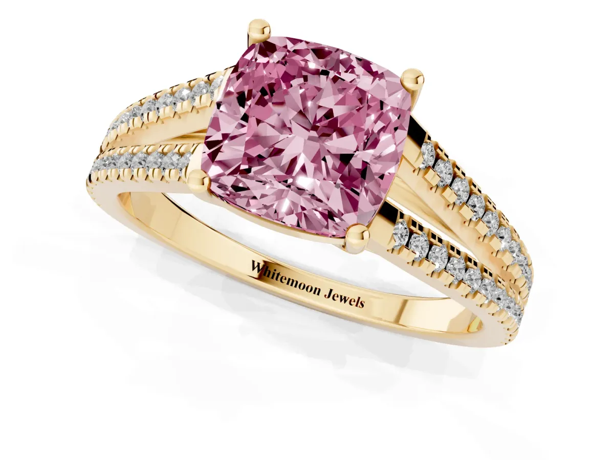 Fancy Pink Cushion Cut Diamond Solitaire Engagement Ring with Split Shank Pavé Band Yellow gold