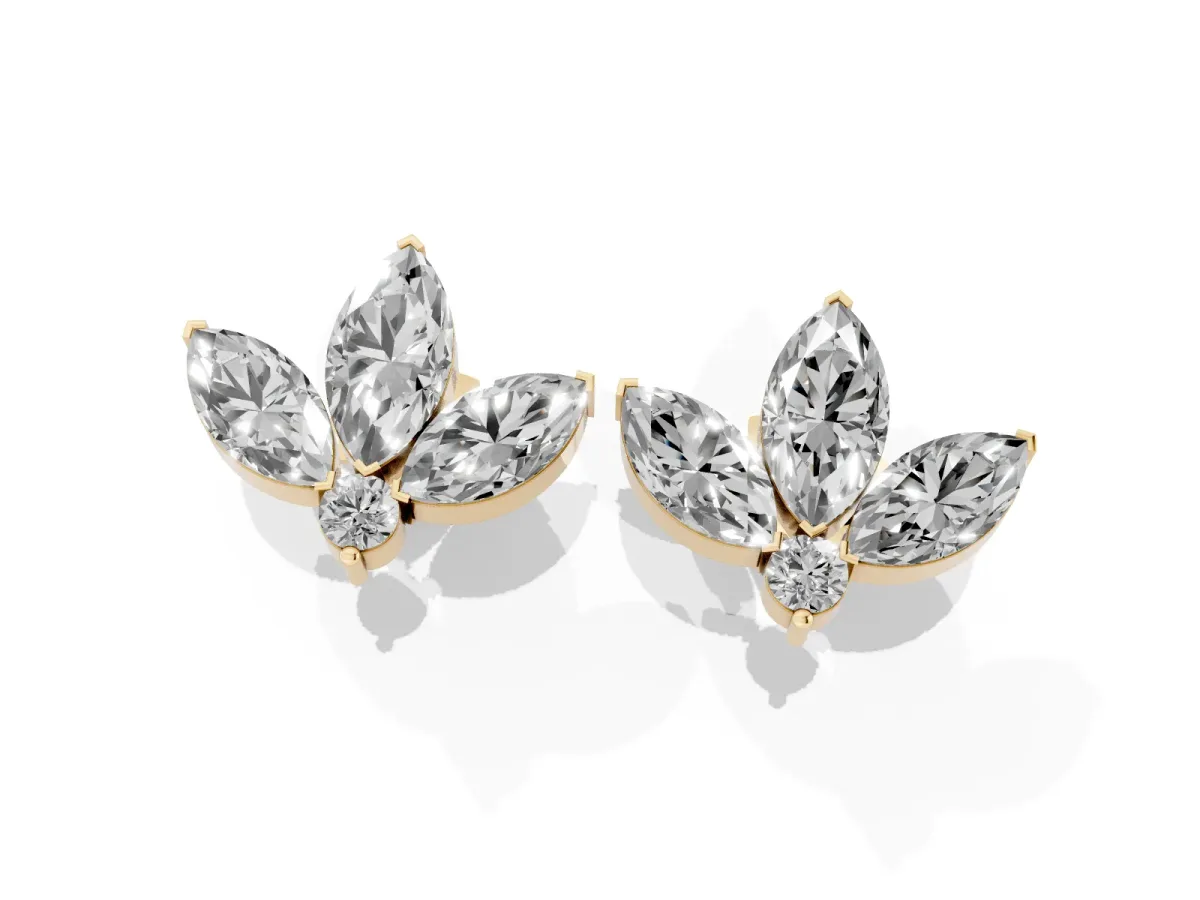 Marquise Cluster Stud Earrings with Round Prong Setting Yellow gold