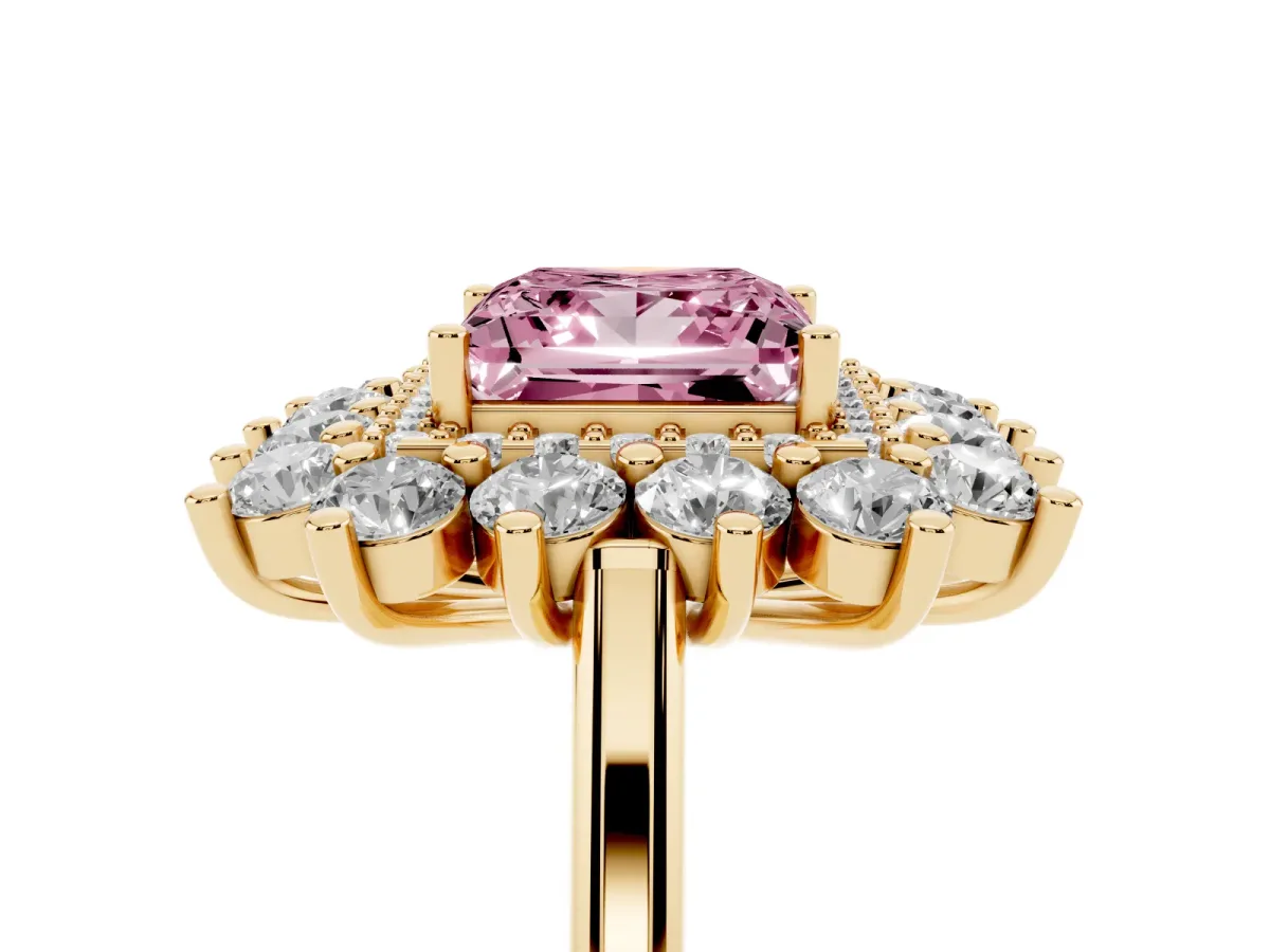 Fancy Pink Princess Cut Diamond Floral Double Halo Engagement Ring with Prong Setting Yellow gold