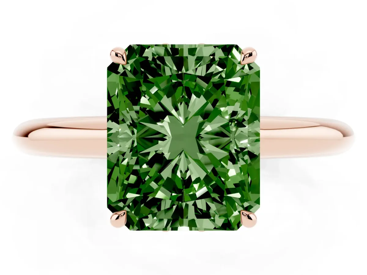 Fancy Green Radiant Cut Brilliant Solitaire Engagement Ring with Six-Prong Setting and Classic Band Rose gold