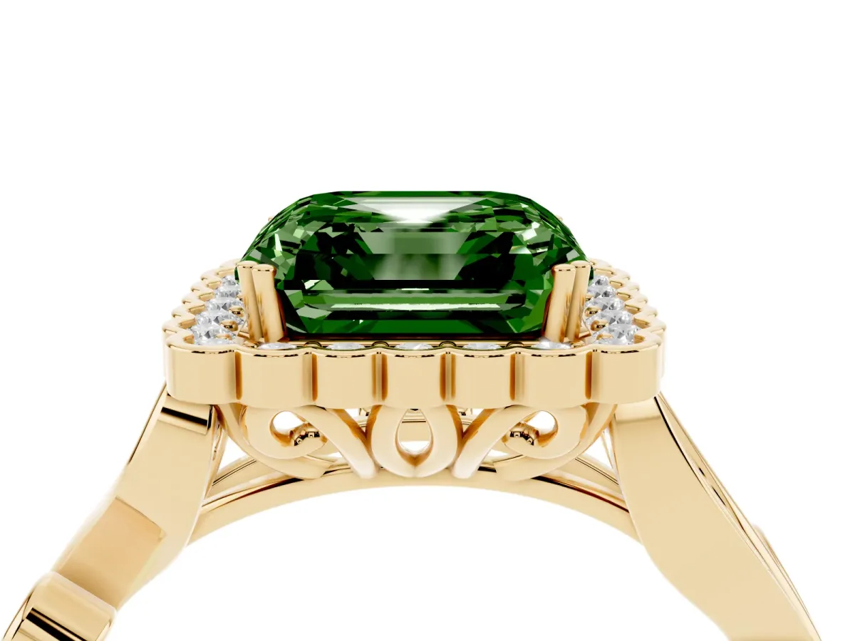 Fancy Green Asscher Cut Diamond Halo Ring with Vintage Split Shank and Four-Prong Setting Yellow gold