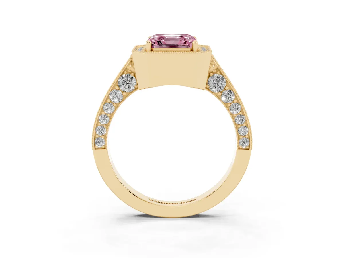 Fancy Pink Asscher Cut Halo Diamond Engagement Ring with Split Shank Band and Four-Prong Setting Yellow gold