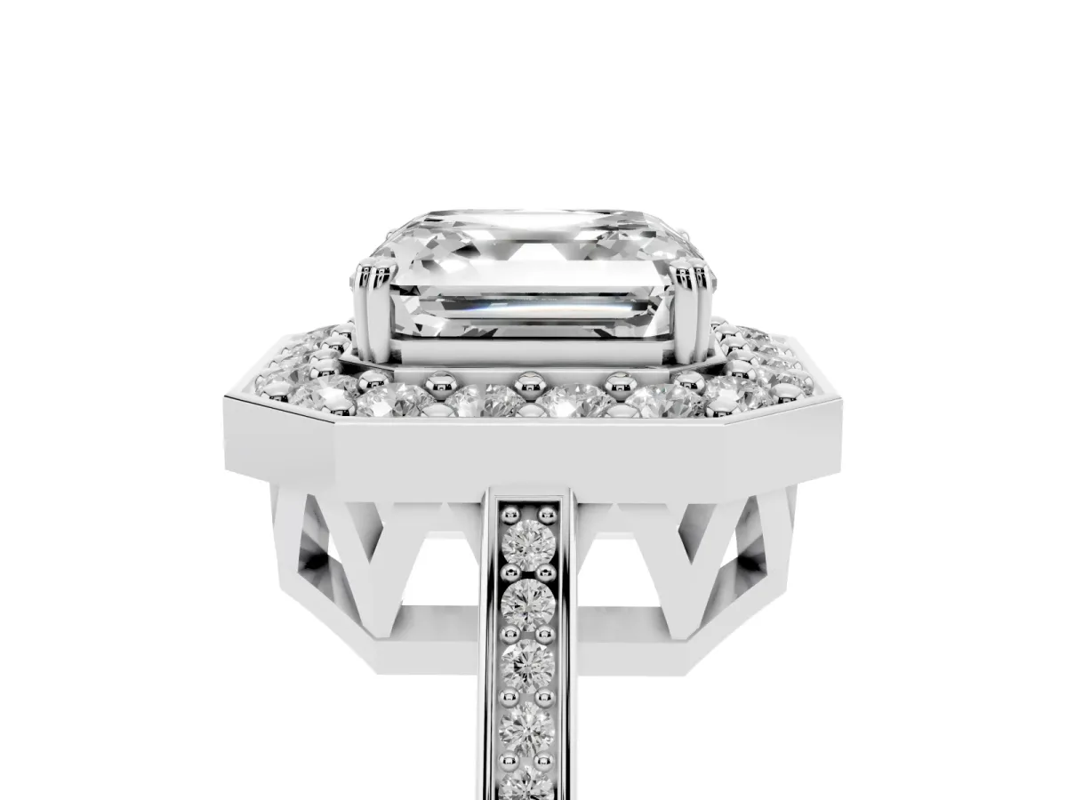 Asscher Cut Diamond Halo Ring with Split Shank and Four-Prong Setting Silver