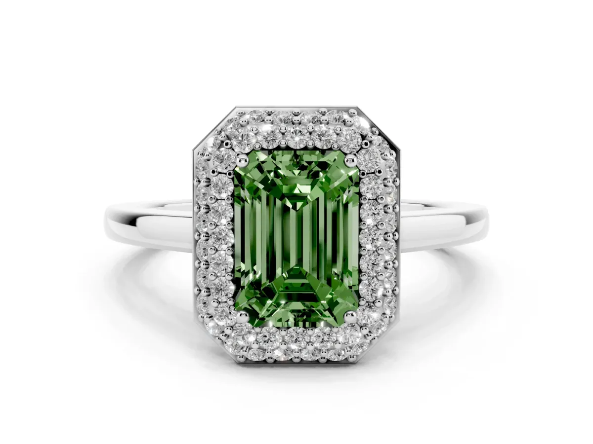 Fancy Green Emerald Cut Halo Diamond Engagement Ring with Solitaire Band and Four-Prong Setting Silver