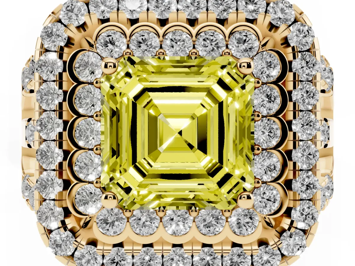 Fancy Yellow Asscher Cut Diamond Double Halo Ring with Round Pavé Split Shank and Prong Setting Yellow gold