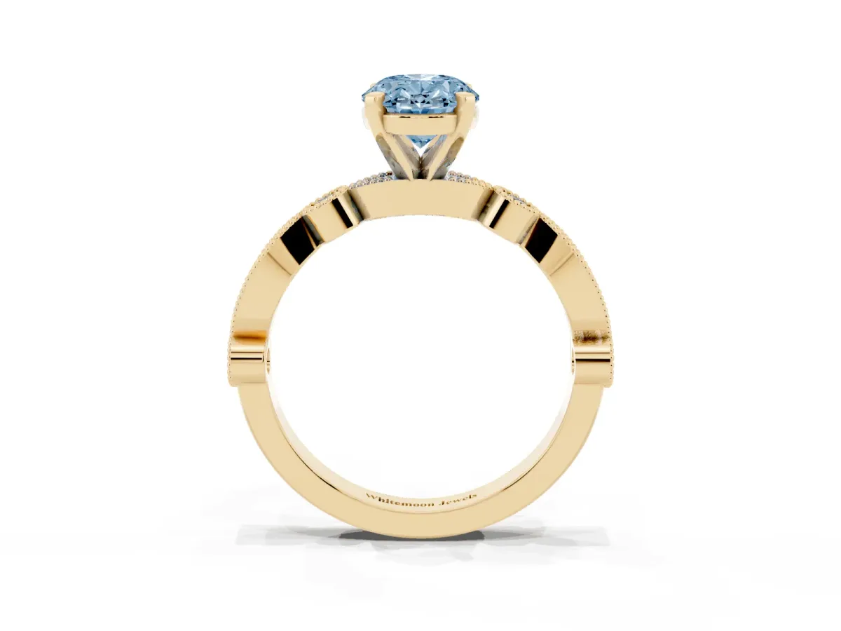 Fancy Blue Oval Cut Milgrain Bezel Diamond Engagement Ring with Solitaire Prong Setting Yellow gold