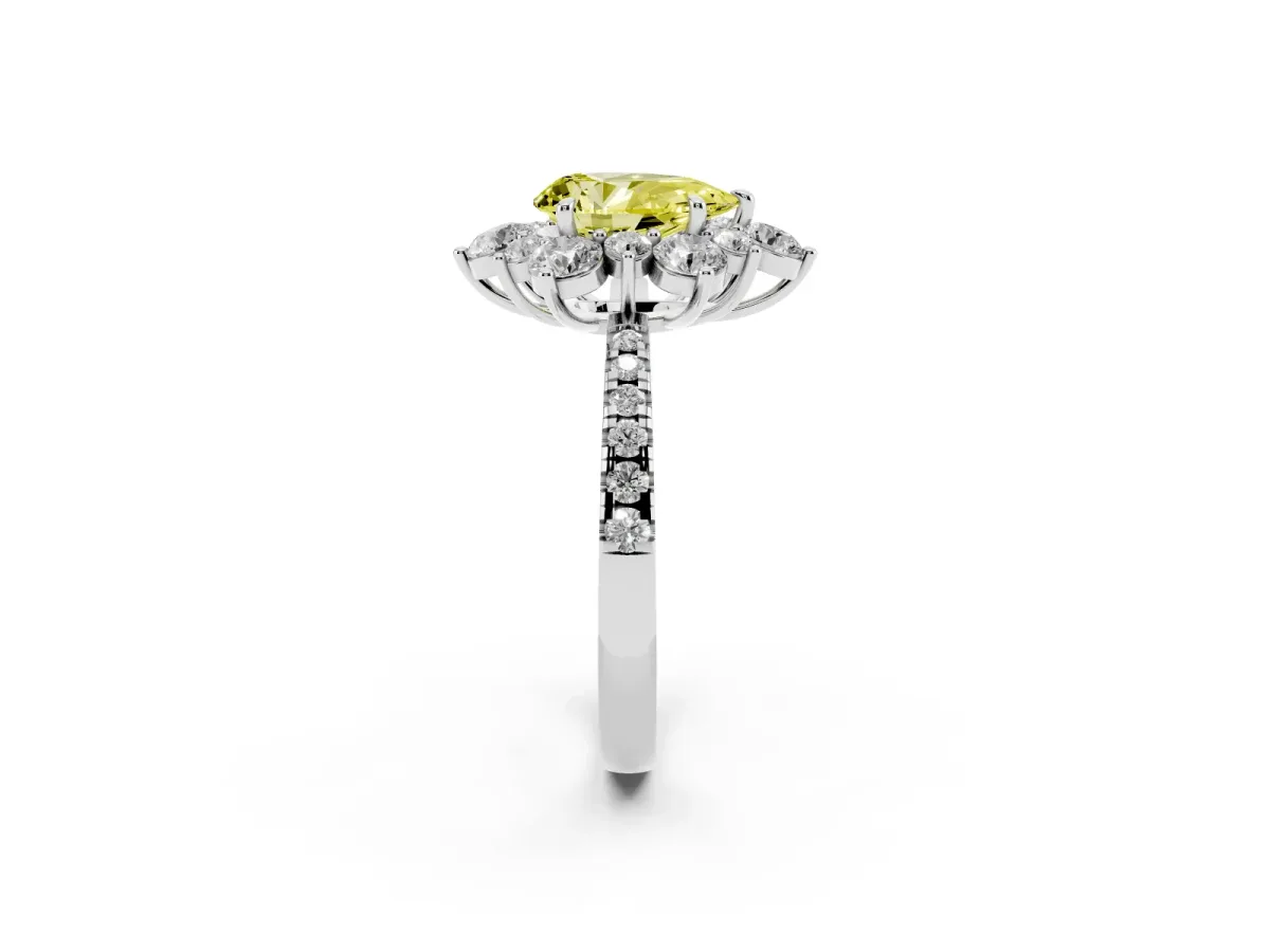 Fancy Yellow Pear Cut Diamond Floral Halo Ring with Round Pavé Band and Prong Setting Silver