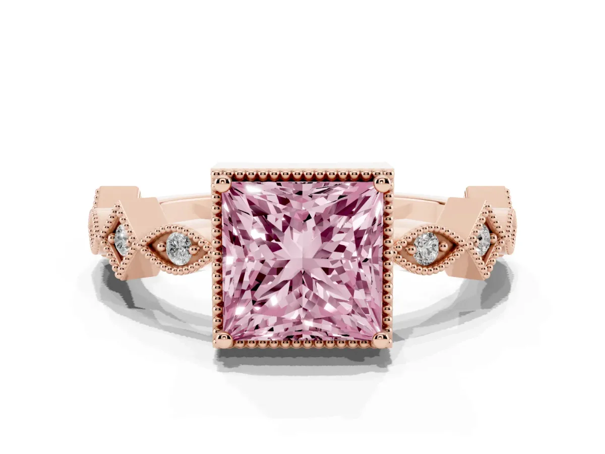 Fancy Pink Princess Cut Milgrain Marquise Diamond Twist Band Ring Rose gold
