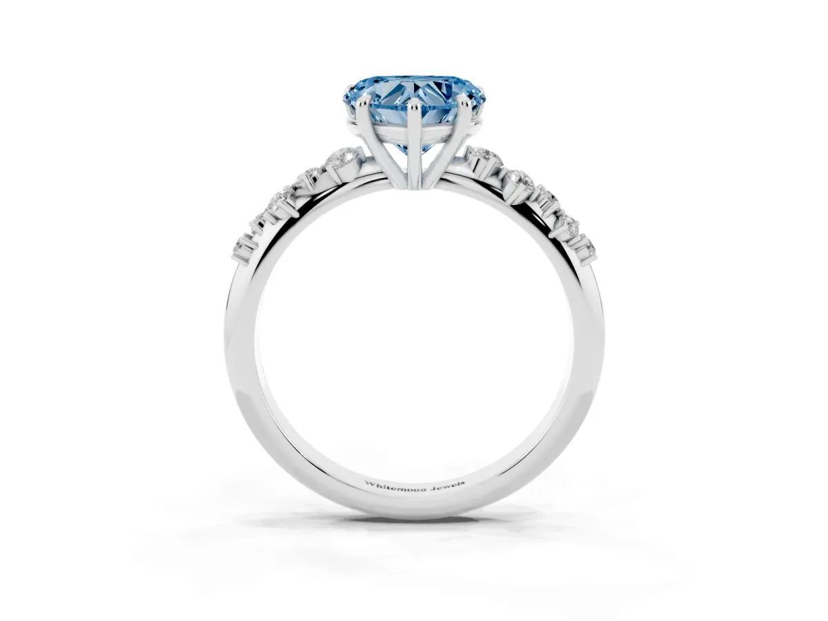 Fancy Blue Heart Cut Diamond Cluster Side Stone Solitaire Ring with Prong Setting Silver