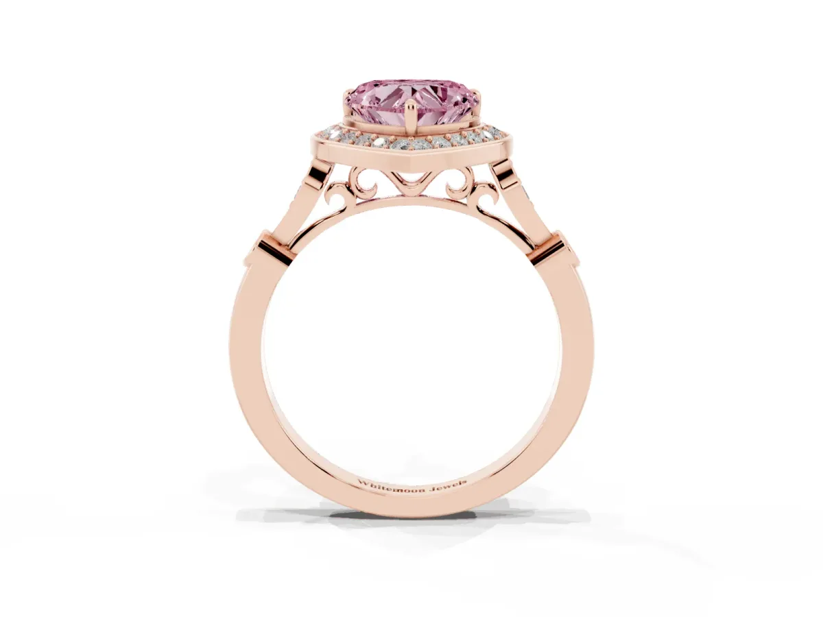 Fancy Pink Heart Cut Halo Diamond Engagement Ring with Twisted Band and Four-Prong Setting Rose gold