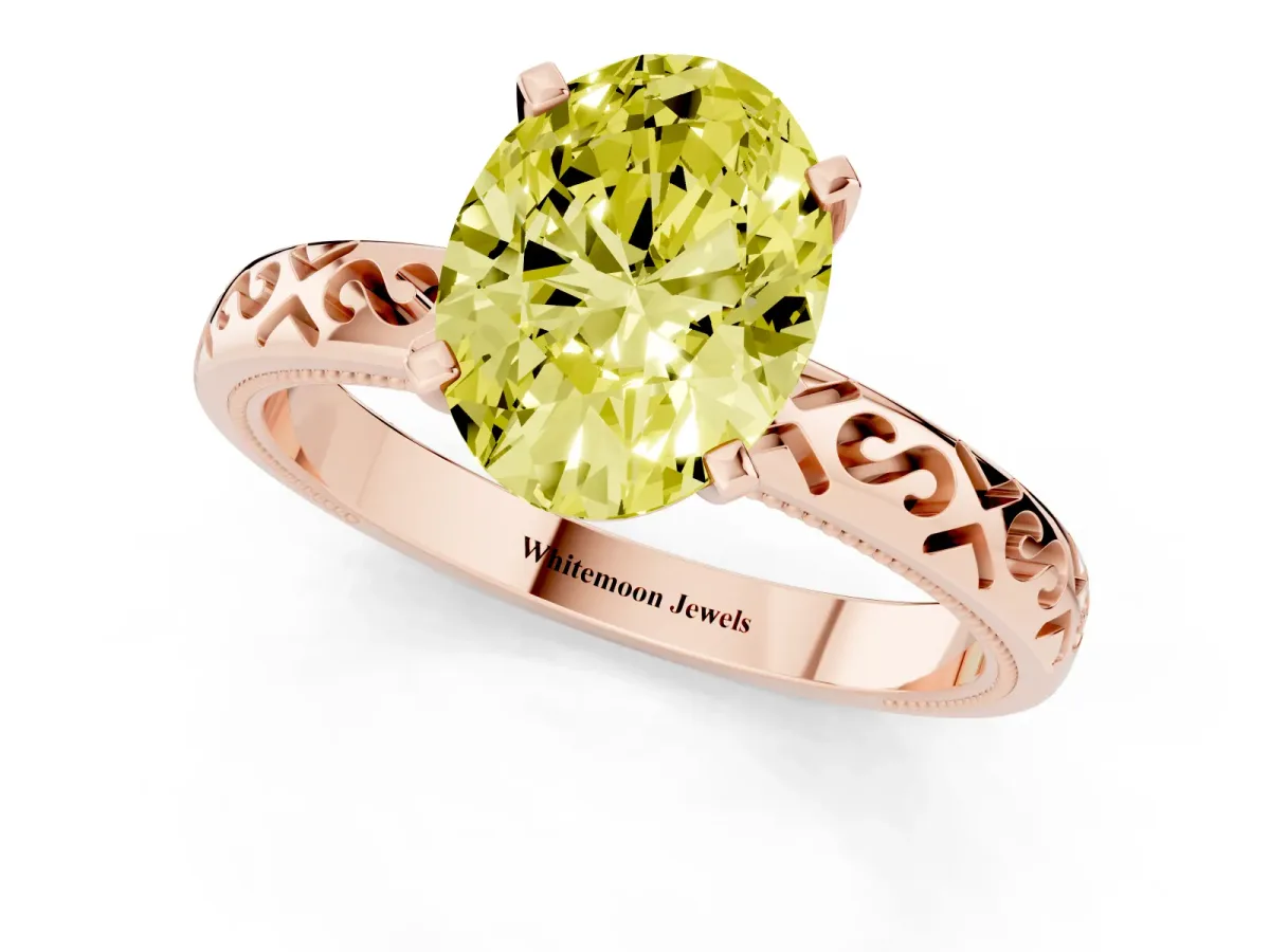Fancy Yellow Oval Cut Solitaire Engagement Ring with Scrollwork Band and Four-Prong Setting Rose gold