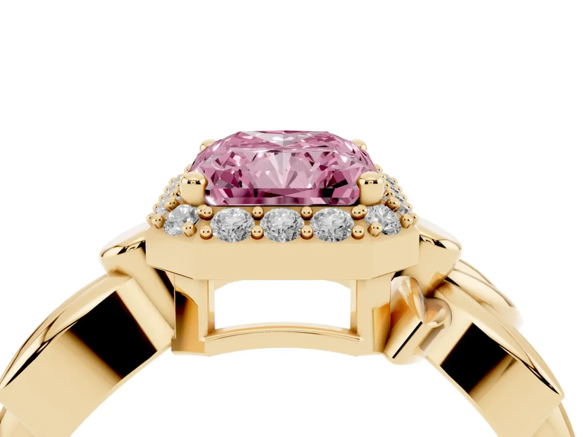 Fancy Pink Radiant Cut Halo Diamond Floral Band with Four-Prong Setting Yellow gold