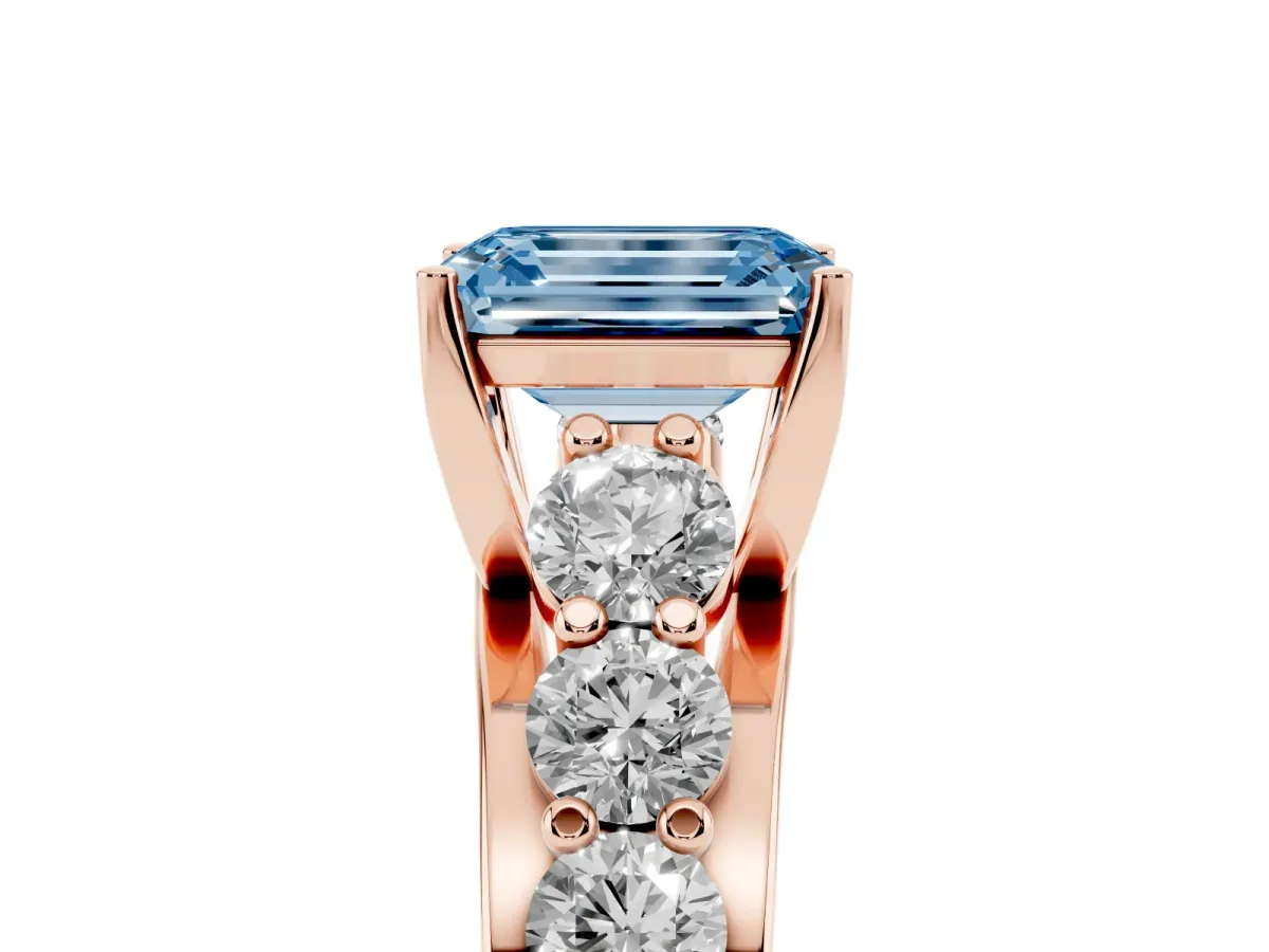 Fancy Blue Emerald Cut Diamond Engagement Ring with Pavé Band and Four-Prong Setting Rose gold