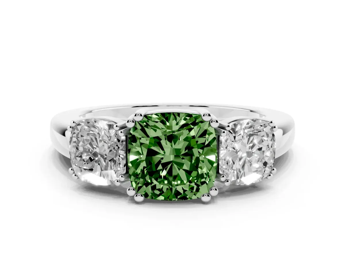 Fancy Green Three-Stone Cushion Cut Cut Diamond Ring with Channel Set Band and Four-Prong Setting Silver