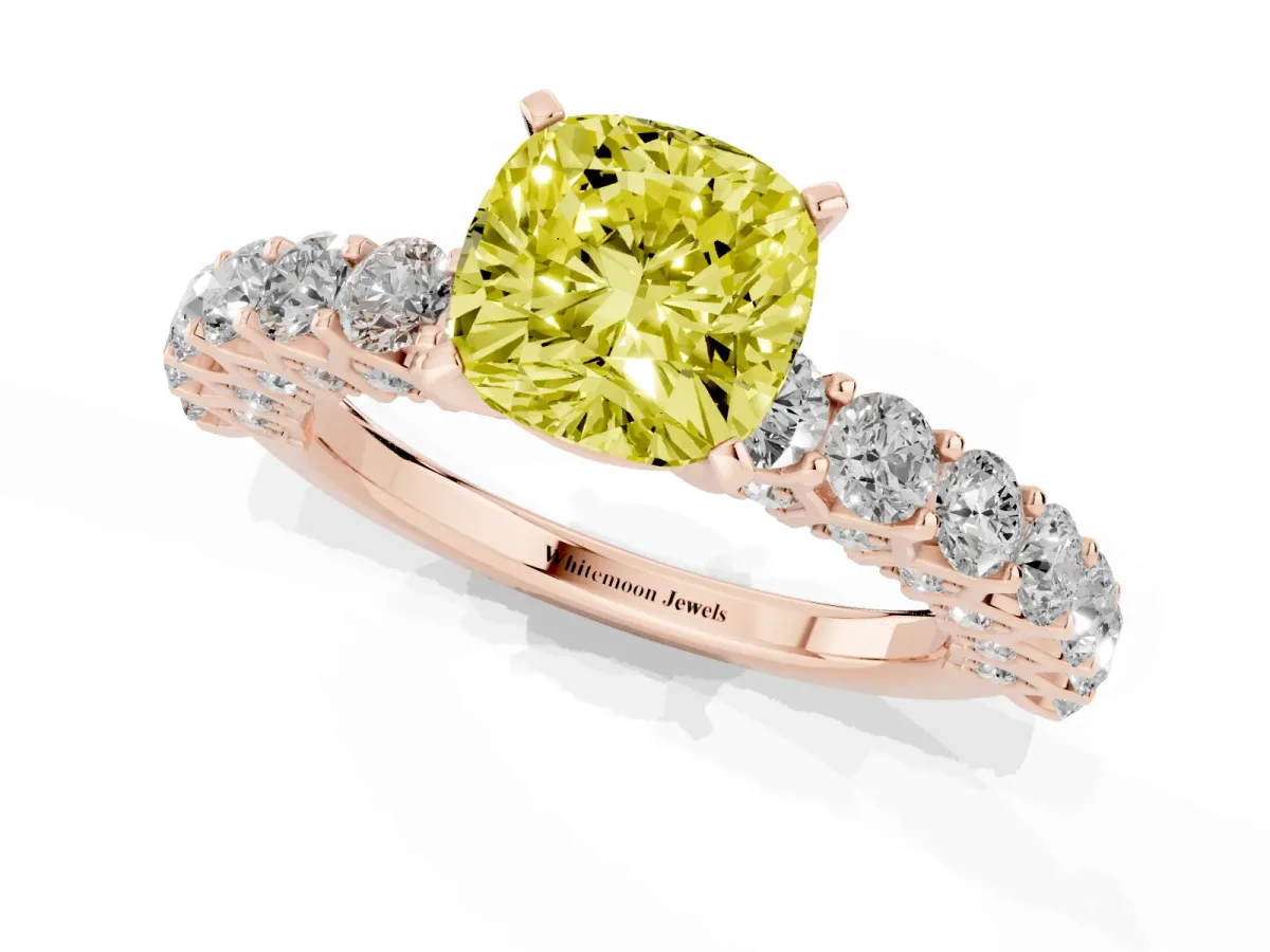 Fancy Yellow Cushion Cut Diamond Solitaire Ring with Shared Prong Pavé Band and Four-Prong Setting Rose gold