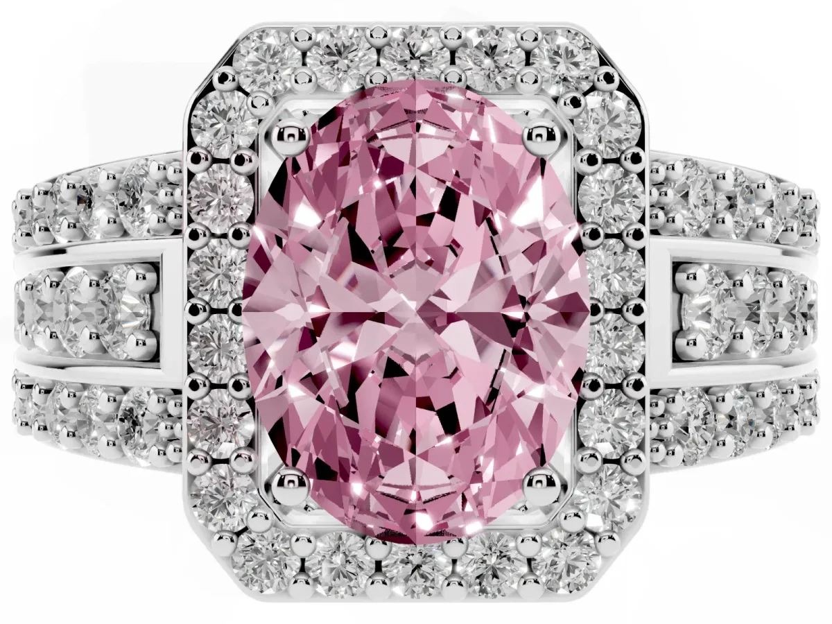 Fancy Pink Oval Cut Halo Diamond Ring with Round Split Shank and Prong Setting Platinum