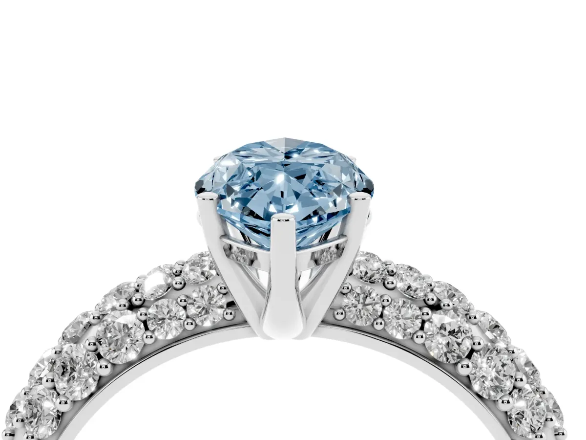 Fancy Blue Marquise Cut Diamond Pavé Band Solitaire Ring with Four-Prong Setting Silver