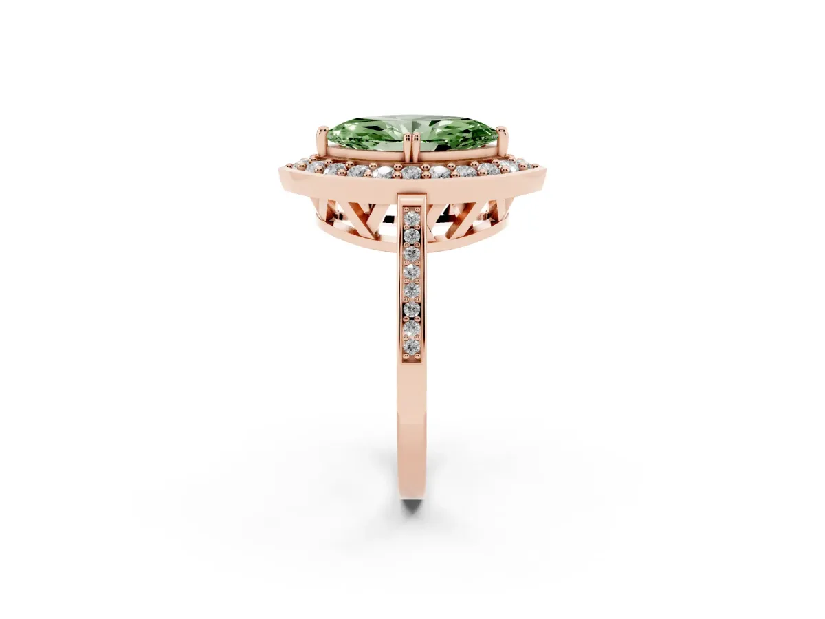 Fancy Green Marquise Cut Diamond Halo Ring with Split Shank and Four-Prong Setting Rose gold