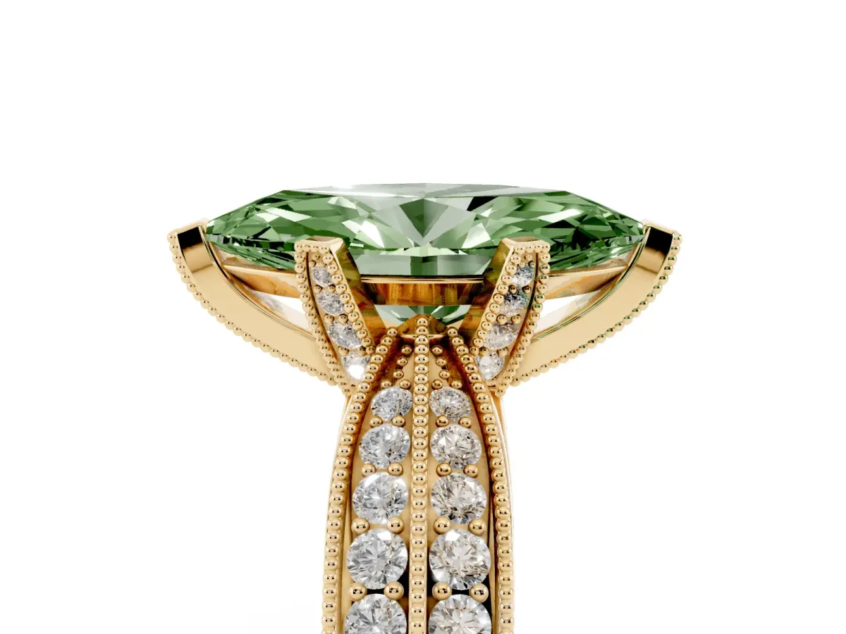 Fancy Green Marquise Cut Diamond Solitaire Ring with Milgrain Round Pavé Band and Prong Setting Yellow gold