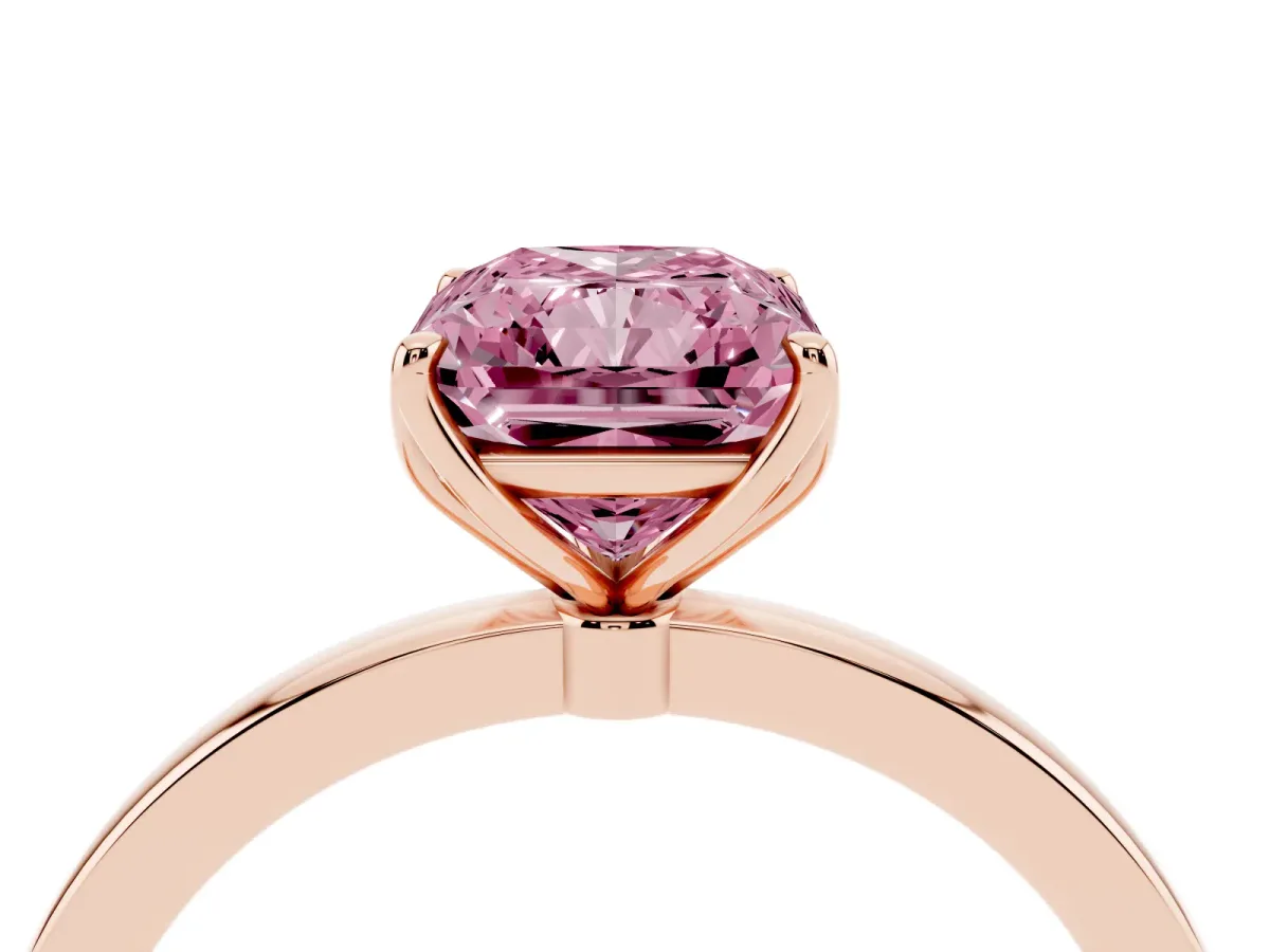 Fancy Pink Radiant Cut Diamond Solitaire Ring with Thin Band and Prong Setting Rose gold