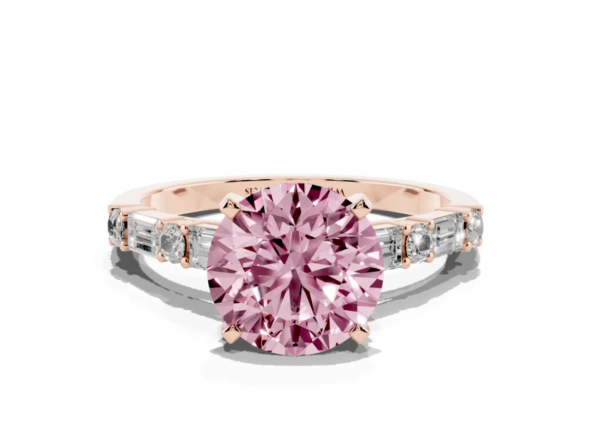 Fancy Pink Round Cut Diamond Solitaire with Side Baguettes and Channel Set Band Rose gold