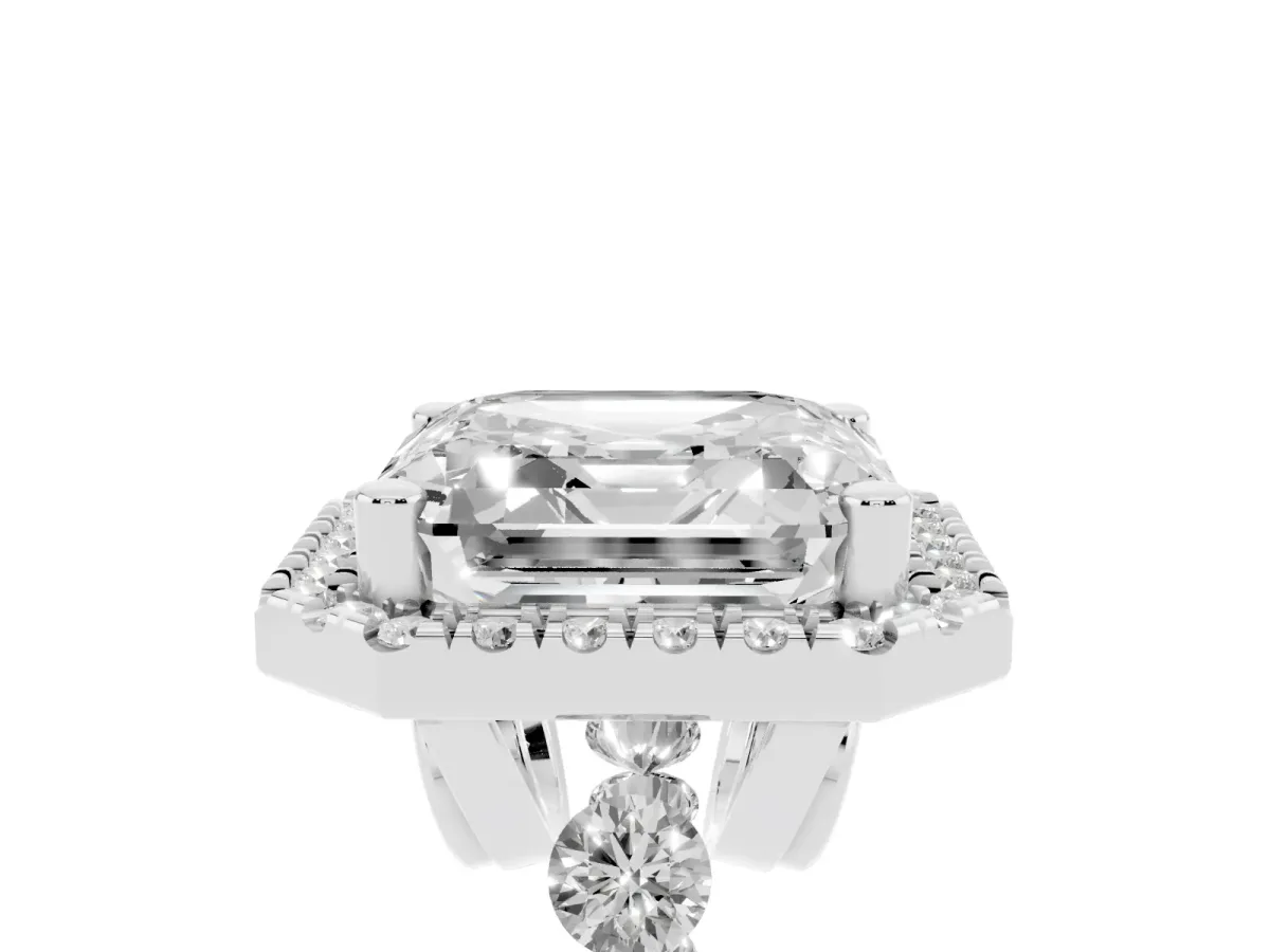 Asscher Cut Halo Pavé Diamond Engagement Ring with Four-Prong Setting Silver