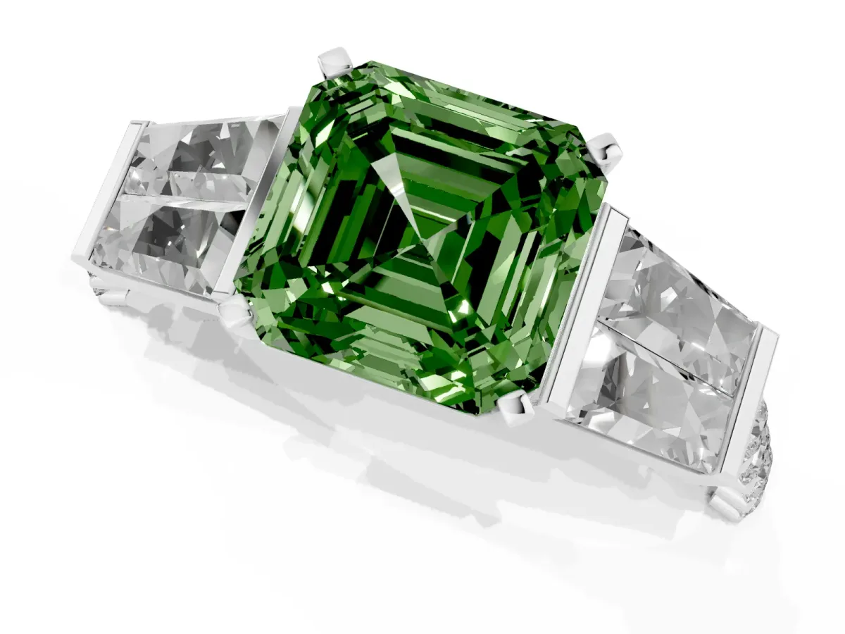 Fancy Green Asscher Cut Diamond Engagement Ring with Baguette Side Stones and Channel Set Band White gold