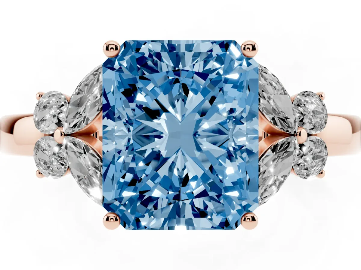 Fancy Blue Radiant Cut Cut Solitaire Floral Diamond Ring with Four-Prong Setting Rose gold