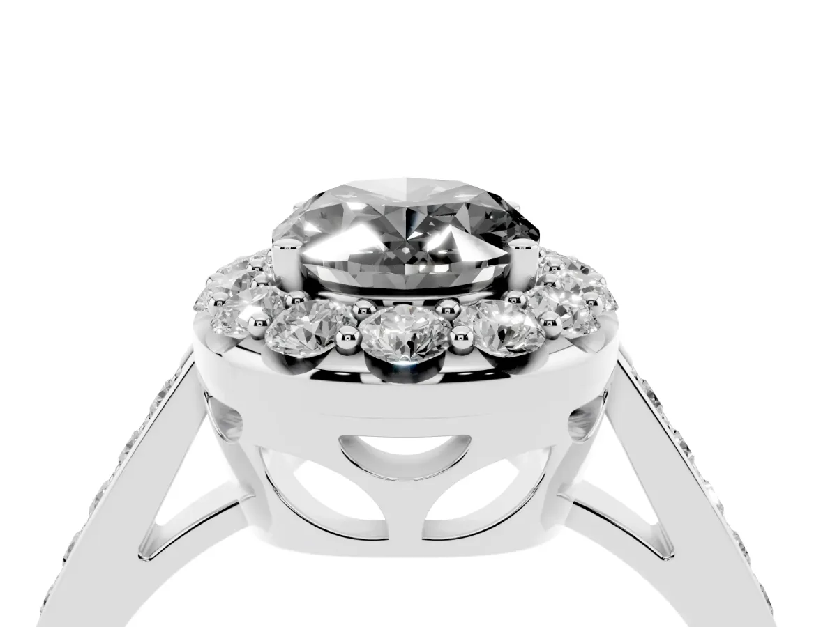 Fancy Black Oval Cut Diamond Floral Halo Ring with Pavé Band and Prong Setting White gold