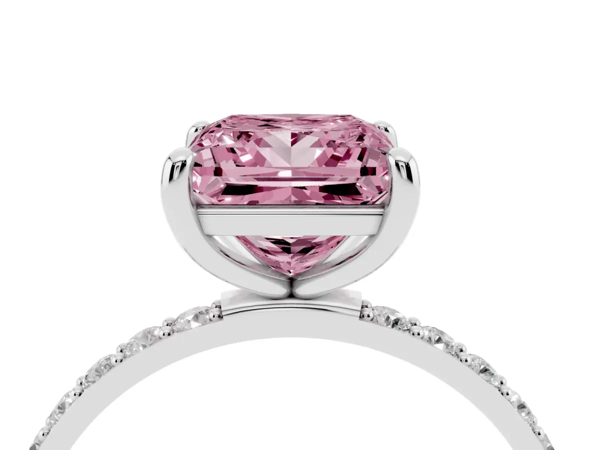 Fancy Pink Princess Cut Diamond Solitaire Ring with Round Pavé Band and Prong Setting Silver